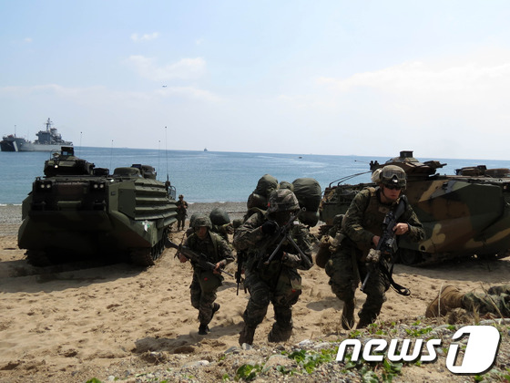 
	한.미 연합 상륙훈련이 26일 오전 10시 결정적 시간에 맞춰 경북 포항시 북구 송라면 독석리 해안에서 미 해병 제3기동군과 우리 해병대 등 3500여명이 참가한 가운데 실시됐다. 한.미 해병대원들이 돌격장갑차인 KAAV(오른쪽)와 AAV(왼쪽)를 이용해 해안에 상륙하고 있다./2013.4.26/뉴스1 © News1 최창호 기자
