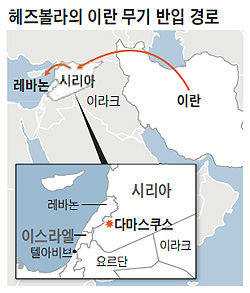 
	헤즈볼라의 이란 무기 반입 경로 지도
