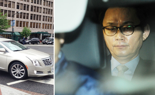 윤창중 전 대변인이 워싱턴 DC에서 이용했던 차(왼쪽 사진). 박근혜 대통령의 미국 방문 기간 중 성추행을 저질렀다는 의혹을 받고 있는 윤창중 전 청와대 대변인이 지난 11일 서울 종로구 부암동 AW컨벤션센터에서 해명 기자회견을 마친 뒤 어딘가로 가기 위해 차량에 탑승해 있다.(오른쪽 사진).