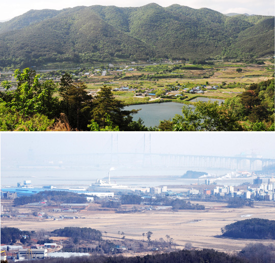 
	19일 경남 창원시 진해구 부산진해경제자유구역의 두동지구엔 국제업무지구 등 첨단 시설이 들어서는 대신 여전히 농촌 마을로 남아 있다.(위 사진) /충남 당진시 황해경제자유구역 내 송악지구 전경.(아래 사진)
