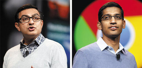 
	구글의 핵심 경영진인 빅 군도트라(왼쪽) 수석부사장과 선다 피차이 수석부사장은 둘 다 인도 출신이다.
