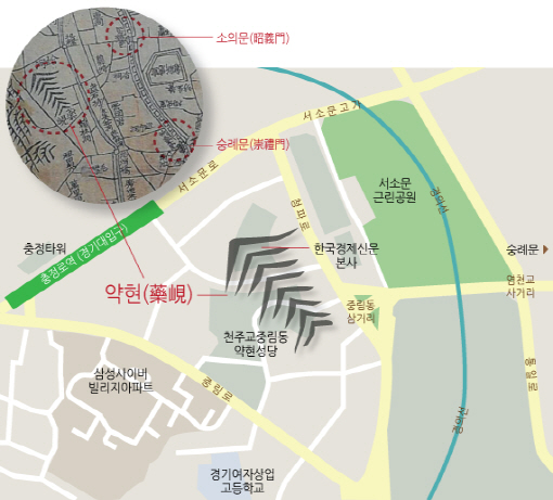 ‘수선전도(首善全圖)’의 약현과 지금의 중림동 / 그래픽=최지웅 연결지성센터 연구원