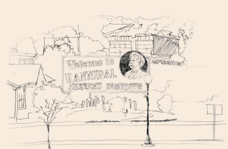 
	마크 트웨인이 4세 때부터 살았던 미국 미주리 주 한니발 근처에 광고판이 서 있는 모습을 그린 삽화. 광고판에‘미국의 고향, 한니발 방문을 환영합니다’라는 문구와 트웨인의 캐리커처를 그려 넣었다
