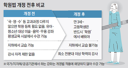 값싼 청소년 강좌, 학원법 탓에 사라져