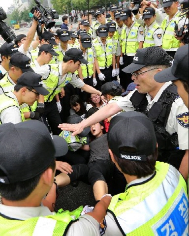 
	지난달 21일 서울 광화문에서 국정원 규탄 시위를 벌이며 경찰과 대치하고 있는 한대련 회원들. /조선일보DB 
