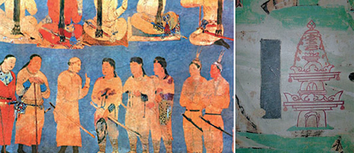
	 (좌) 우즈베키스탄 사마르칸트에 있는 아프라시압궁전의 벽화. 오른쪽 아래에 조우관을 쓰고 허리에 칼을 찬 두 명의 젊은 외국 사신이 보인다. (우) 막고굴 61굴의 초대형 벽화 오대산도에 들어있는 ‘신라왕탑’.
