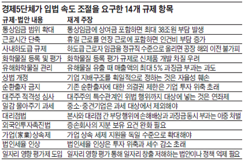 경제 5단체가 입법 속도 조절을 요구한 14개 규제 항목표