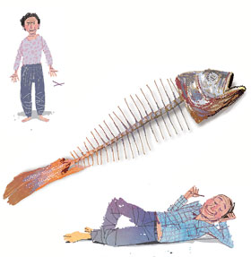 앙상한 뼈다귀로 남은 굴비 삽화.