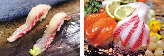 
 왼쪽은 도미(참돔), 오른쪽은 아프리카가 원산지인 틸라피아다. ‘역돔’이라는 가짜 이름까지 붙은 틸라피아는 도미와 같은 흰살생선이지만 힘줄이 도미보다 또렷하고 식감도 더 질기다. 회로 떴을 때 보이는 붉은 부분도 도미보다 틸라피아가 더 선명하다
