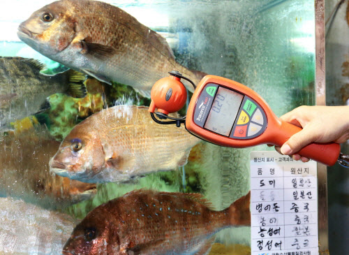 30일 서울 노량진 수산시장에서 관계자가 어패류를 휴대용 방사능 측정기로 방사능 수치를 측정하고 있다./김연정 객원기자