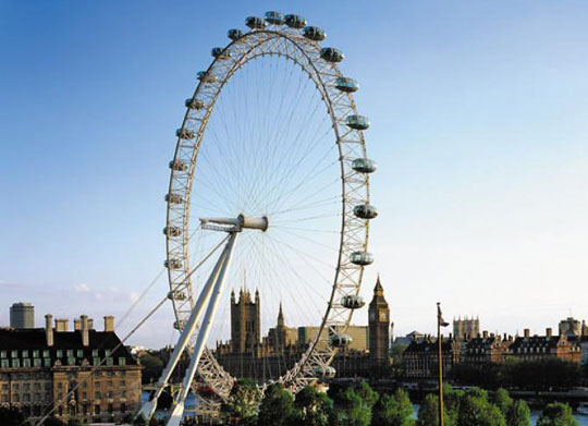 런던 아이(London Eye), 전체 높이 135m, 원형 구조물 지름 122m인 초대형 회전 관광차, 1999년 완공.