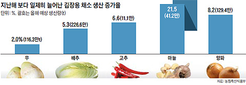 지난해 보다 일제히 늘어간 김장용 채소 생산 증가율 그래프