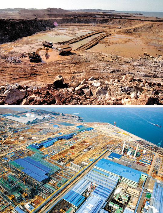 
	1992년 충남 당진시 송악읍 일대의 개발 모습(위). 이 일대는 당시 사람도 별로 살지 않는 한적한 어촌이었다. 하지만 현대제철의 전신인 한보철강이 공장을 짓고, 현대제철을 중심으로 철강업체가 잇따라 둥지를 틀면서 거대한 공장이 빼곡히 들어섰다(아래).
