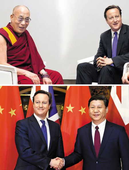 데이비드 캐머런(오른쪽) 영국 총리가 지난해 5월 영국을 방문한 티베트의 정신적 지도자 달라이 라마와 대화하고 있다(위 사진). 이 만남이 있은 뒤 작년 가을로 예정됐던 캐머런 총리의 방중(訪中) 계획이 취소됐다. 아래 사진은 캐머런 총리가 2일 중국 베이징에서 시진핑(習近平) 국가주석과 만나 악수하는 장면. 캐머런은 이날“티베트를 중국의 일부로 간주하고 티베트 독립을 지지하지 않는다”고 밝혔다.