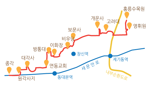 코스 / 종각 ~ 원각사지 ~ 대각사 ~ 연동교회 ~ 방송통신대학 내 옛공업전습소 ~ 쇳대박물관 ~ 이화장 ~ 이화마을 ~ 비우당 ~ 보문사 ~ 개운사 ~ 고려대학교 ~ 영휘원 ~ 홍릉수목원