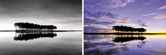 
	왼쪽 흑백사진은 마이클 케나의‘솔섬’, 오른쪽 사진은 한 항공사 CF에 사용된 사진.
