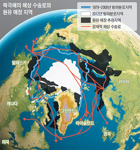북극해의 해상 수송로와 원유 매장 지역 지도