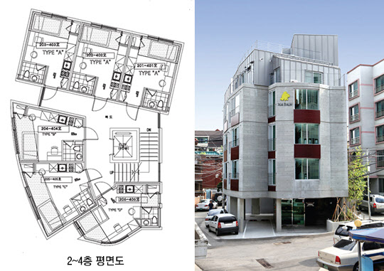 발코니 확장을 통해 용적률을 최대한으로 끌어올렸다. 오른쪽은 건물 외관.