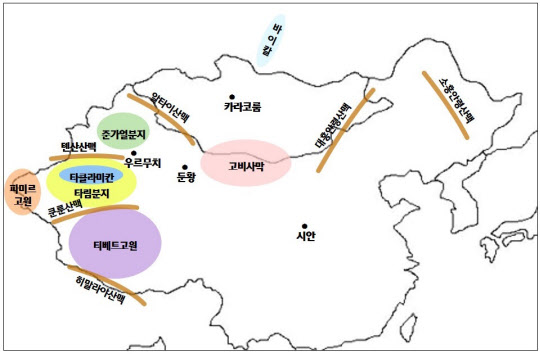 한민족 기원과 관련한 주요 지형.