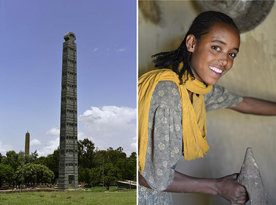 (왼쪽부터) 1. 악숨의 오벨리스크 공원에 있는 오벨리스크(거대한 비석). 유네스코 문화유산. 배경에 보이는 첨탑이 있는 곳이 여호와의 법궤가 보관되어 있다는 교회이다. 필자가 이 공원을 발굴할 고고학발굴허가서를 에티오피아 정부로부터 받았더니 유네스코에서 조사관들이 여기까지 와서 오벨리스크의 안전문제를 진단하는 소동이 있었다. 이 오벨리스크는 무쏠리니가 가져다 로마에 세웠던 것이다. 2. 열여섯 살 청순한 악숨 소녀. 가난하다는 말이 사치스러울 정도로 찌든 생활이지만 소녀의 밝고 긍정적인 모습에서 삶에 대한 영감이 떠오른다. 솥뚜껑을 잡은 손에 힘이 느껴진다. 소녀가 매일 입고 있는 단벌 드레스는 엉덩이 부분을 기운 누더기. 그 옷을 볼 때 필자의 마음이 무너져 내렸다.