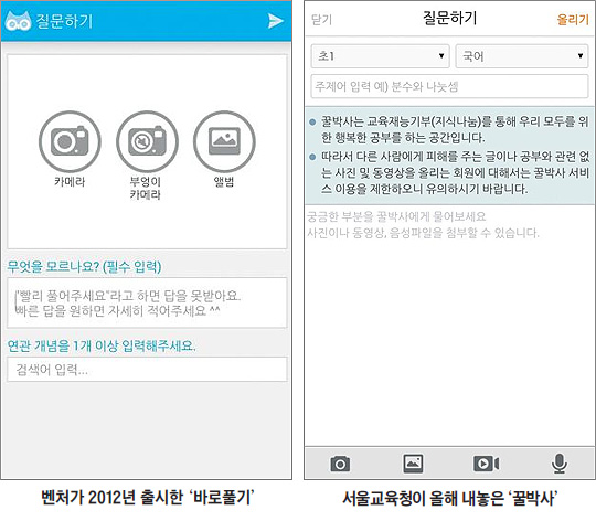 벤처 기업 바풀이 2012년 6월 출시한 ‘바로풀기’(왼쪽)와 서울시 교육청 산하 서울특별시 교육연구정보원이 지난 2월 공개한 ‘꿀박사’(오른쪽)의 실행 화면
