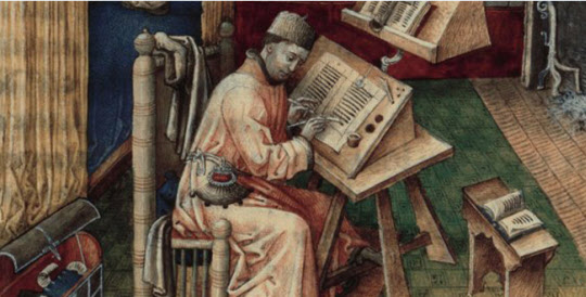 인쇄 기술이 등장하기 이전, 손글씨로 책을 베껴쓰며 필사본을 만드는 모습을 담은 그림. 그 때의 베껴쓰기란 귀찮은 노동이었을지 모르지만, 오늘의 학생들에게 남이 쓴 좋은 글을 베껴쓰는 것은 글쓰기 실력을 다지는 방법이 될 수 있다.