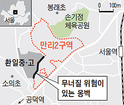 환일高 비탈 옆 주택 재개발… 學校 옹벽 균열