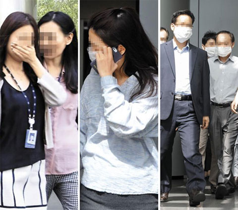 
	일부 직장인들은 불성실한 태도로 비상 훈련에 참가했다. A은행에서는 일부 직원들이 대피 훈련 도중 웃으면서 잡담을 했다(왼쪽). 22일 삼성전자의 화재 대피 훈련에서 휴대전화로 통화를 하거나(가운데) 천천히 걸어나오는 직원(오른쪽)이 있었다.
