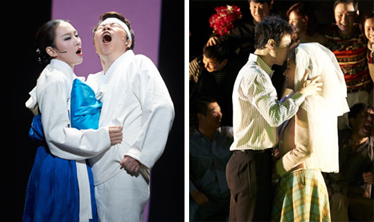 11일 개막한 국립창극단의‘첫 18금(禁) 창극’인‘변강쇠 점 찍고 옹녀’(왼쪽)와 13일 광주광역시에서 초연된 연극‘푸르른 날에’. 모두 고선웅 경기도립극단 예술감독의 연출작이다.
