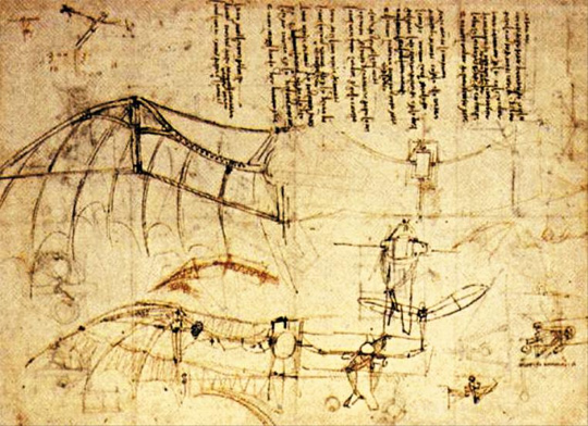 레오나르도 다빈치가 남긴 비행기구 디자인이에요. 그는 새를 관찰하여 공기역학 원리를 터득하고 하늘을 나는 기구를 발명했다고 해요