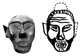 지린성 마오얼산에서 출토된 부여 금동얼굴. 오른쪽은 훼손 전 원형을 추정한 그림