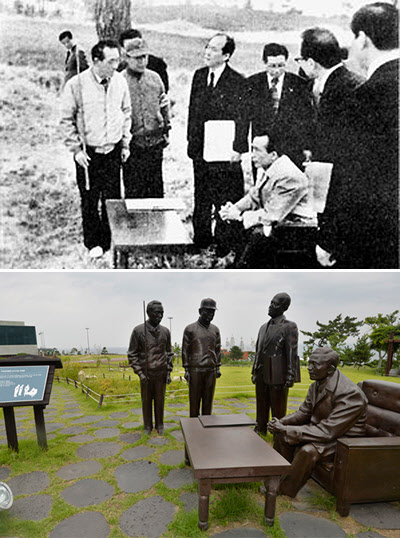 1975년 4월 17일 오도리 사방공사 현장에서 박정희 대통령이 김수학 경북지사, 박상현 경상북도 산림국장, 조성완 사방사업소장의 브리핑을 받고 있다. 아래는 그때 브리핑 현장을 디오리마로 재현한 모습.