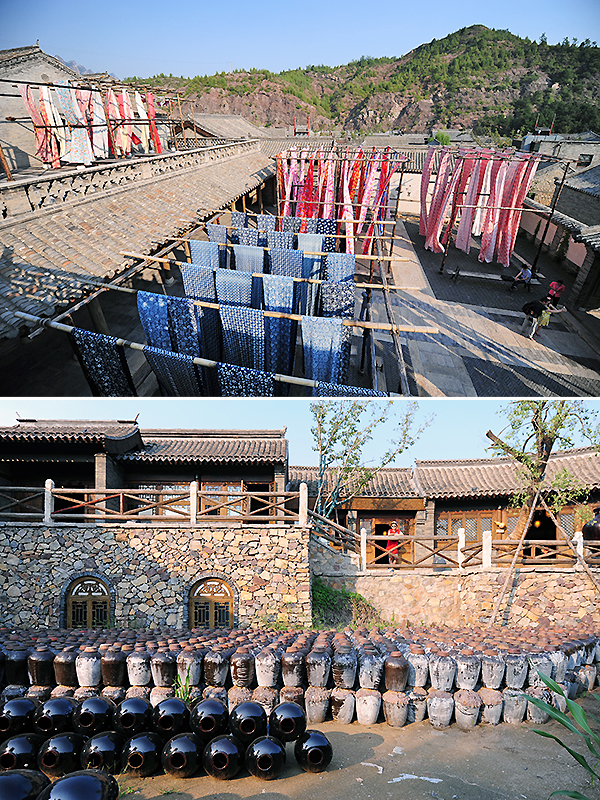 염색집 2층에서 바라본 전경(상)과 술도가 정원에 놓인 수백개의 술독(하).