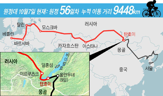 
	원정대 10월 7일 현재: 원정 56일차 누적 이동 거리 9448km.
