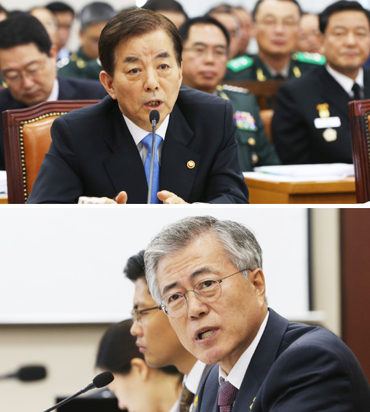 
		새정치민주연합 문재인 의원이 27일 국회 국방위 국정감사에서 전시작전권 전환 시기를 연기한 정부에 대해“부끄럽지 않으냐”고 하고 있다(아래). 이에 대해 한민구 국방장관은“안보 상황을 고려한 불가피한 조치로 부끄럽게 생각하지 않는다”고 답했다(위). /전기병 기자
