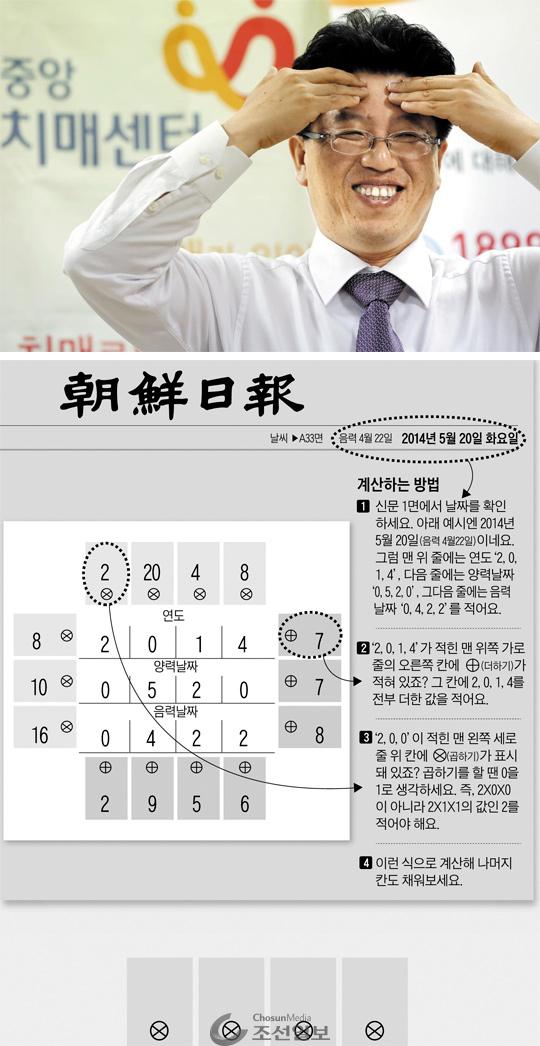 
	지난 7일부터 본지가 연재 중인 ‘두근두근 뇌 운동’(아래 사진)에 대한 독자들의 반응이 뜨겁다. 중앙치매센터는 최근 일상생활에서 쉽게 할 수 있는 ‘뇌신경 자극 체조’도 개발 중이다. 김기웅 소장이 두 손가락으로 이마 양옆을 눌러 뇌신경을 자극하는 체조 시범을 보이고 있다 /이덕훈 기자

