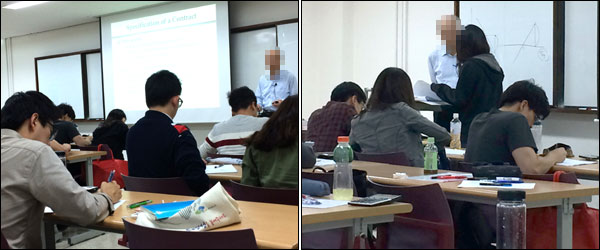수업 중 학생들은 모두 책상 위 노트를 보며 필기에 여념이 없다(사진 왼쪽). 서울대에서는 쉬는 시간에 학생들이 교수에게 달려가 질문을 했다(사진 오른쪽).