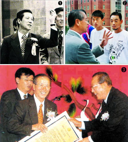 ①이동찬 코오롱 명예회장이 1978년 울산 공장 준공식에 참석해 공장 시설을 둘러보고 있다. ②1996년 미국 애틀랜타올림픽에서 은메달을 딴 이봉주 선수 등 코오롱 마라톤 선수단을 격려하고 있다. ③1997년 김창성(오른쪽) 후임 경총 회장으로부터 14년 재직 공로패를 받고 있다