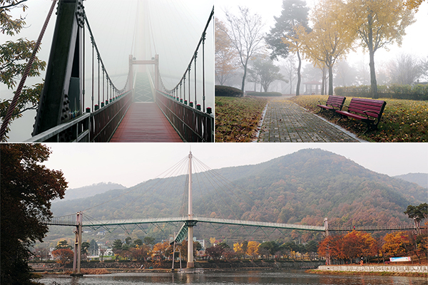 구름다리의 전경과 수변공원의 산책로