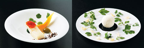 (왼쪽부터) 스페인식 돼지 요리를 곁들인 농어·단호박·올리브·시금치. 치즈에 코코넛 가루를 입힌 볼과 흑마늘, 고추향 샐러드.