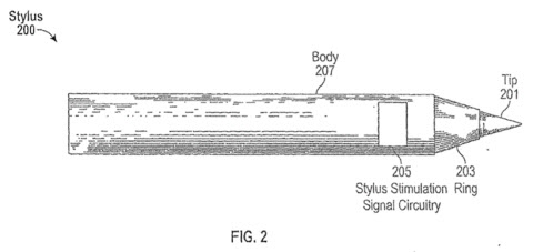 애플이 최근 취득한 모바일 기기용 전자펜 특허 구조도