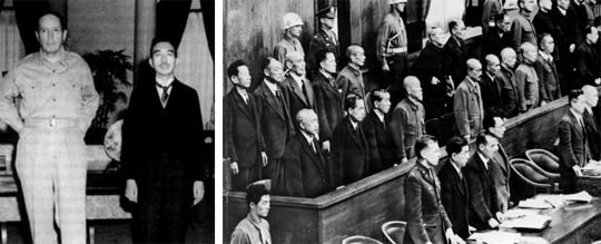 “전쟁 배후조종한 히로히토, 美 ‘증거 없다’ 기소 안 해”- 히로히토(왼쪽 사진 오른쪽) 일왕이 일본 패전 한 달여 후인 1945년 9월 27일 도쿄의 미국 대사관을 찾아가 맥아더 당시 연합국 최고사령관과 함께한 모습. 오른쪽 사진은 1948년 도쿄에서 열린 전범 재판 모습. 