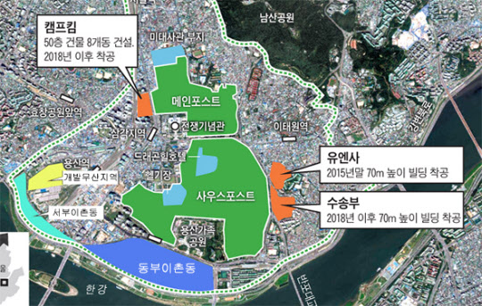 용산 미군 기지 개발 계획 지도를 살펴보면 주거 밀집지역인 동부이촌동과 서부이촌동이 영향권 아래 들어가 있지만 시장 반응은 미미했다. /조선일보 DB