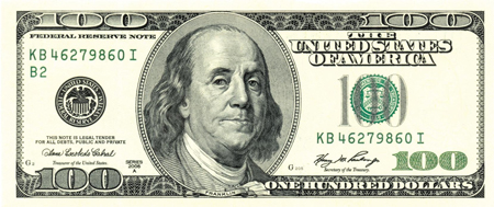 벤저민 프랭클린이 그려져 있는 미국의 100달러 지폐 사진