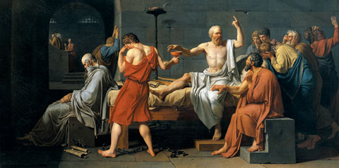 다비드가 그린 ‘소크라테스의 죽음’. 그림 한가운데 한 손으로는 천국을 가리키며 독배를 받아드는 노인이 소크라테스다. 왼쪽에 보이는 노인은 플라톤이다. 그림에선 노인으로 묘사됐으나, 실제 소크라테스가 죽을 당시 플라톤은 28살이었다.