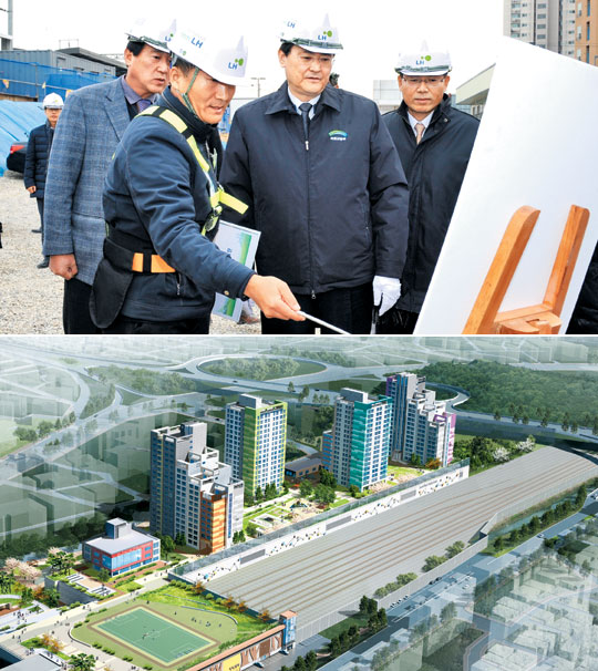 (위) 서승환 국토교통부 장관이 지난해 12월 19일 행복주택 가좌지구 건설 현장을 점검하고 있다. (아래) 2018년 완공 예정인 서울오류동지구 행복주택 조감도. 