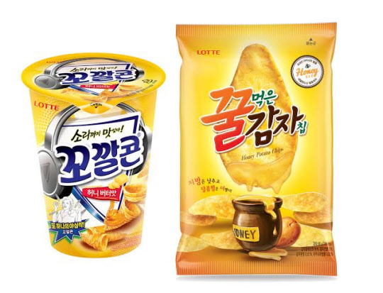 롯데제과 꼬깔콘 허니버터맛과 꿀먹은 감자칩. /롯데제과 제공