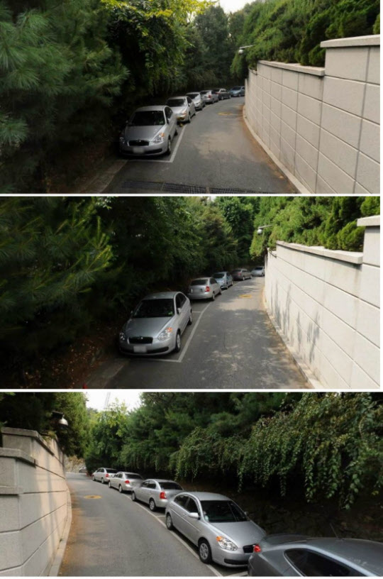 
	다음 로드뷰로 본 정 회장 자택 앞 차량 주차 모습. 2012년 6월(위)과 2011년 10월(가운데) 차량 변화가 없다/다음 로드뷰
