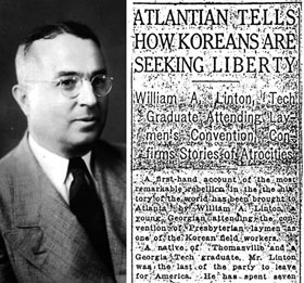 
	윌리엄 린튼(왼쪽 사진) 선생이 1919년 5월 미국 애틀랜타 저널에 일제 치하 한국의 상황과 3·1운동의 실상을 알리며 국제사회의 지지를 호소한 기사(오른쪽).
