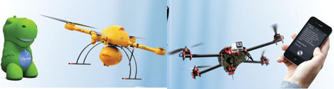 (왼쪽부터 ) IBM이 수퍼컴퓨터 왓슨을 기반으로 만든 인공지능 장난감 ‘코그
니토이(CogniToy·왼쪽)’ , (두번째 중간) 마이크로드론이 제조한 소포 배달용드론(무인 비행기), (세번째 중간)비디오 카메라로 항공 촬영이 가능한 스테디드론의 드론 ‘QU4D’, (네번째 오른쪽)애플의 인공지능 비서 ‘시리’ . 